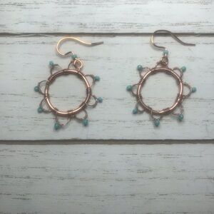 Copper &bead, handmade, flower, earrings for women. Dangly wire wrapped pendants